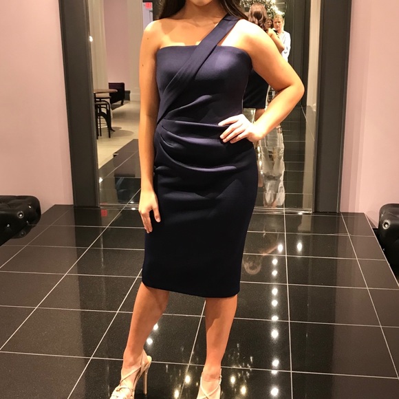 *SALE* Jovani Navy Scuba One Shoulder Ruched Dress - Picture 1 of 2